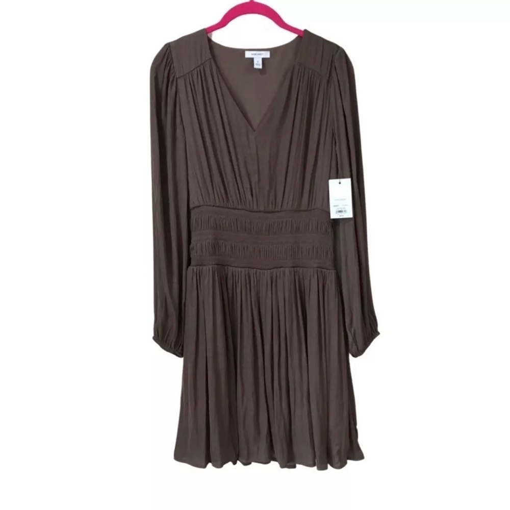 Nine West Brown Smocked Waist Boho Mini Dress NWT Size Large - Picture 2 of 5